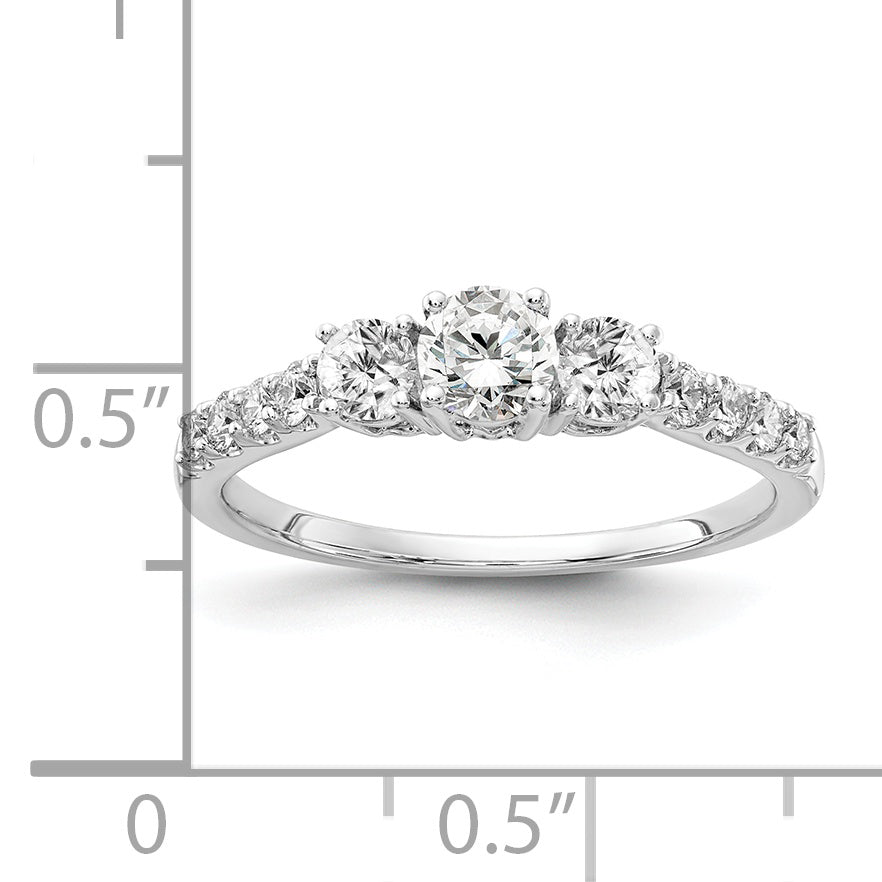 14k White Gold 1/2 carat Lab Grown Diamond VS/SI+ G+ 1/4 carat Center Round Semi Mount Three Stone Size 6 Engagement Ring