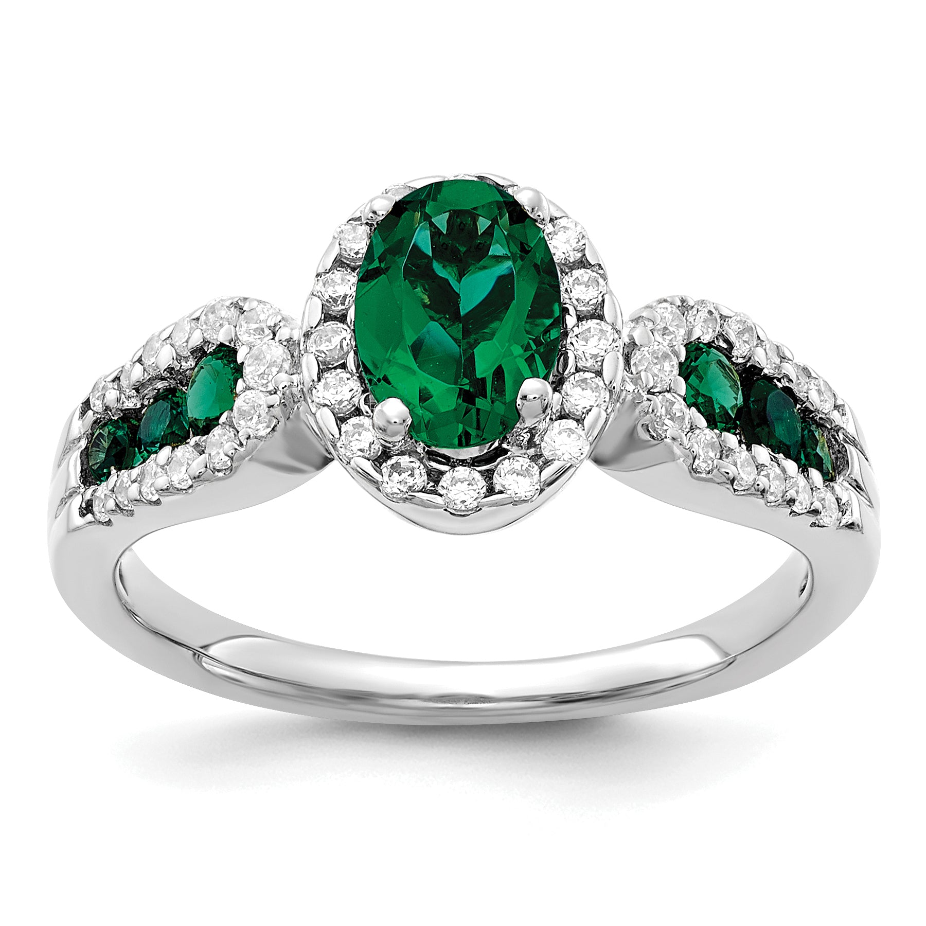 10k White Gold 1/3 carat Lab Grown Diamond VS/SI+ G+ and Oval Lab Created Emerald Ring