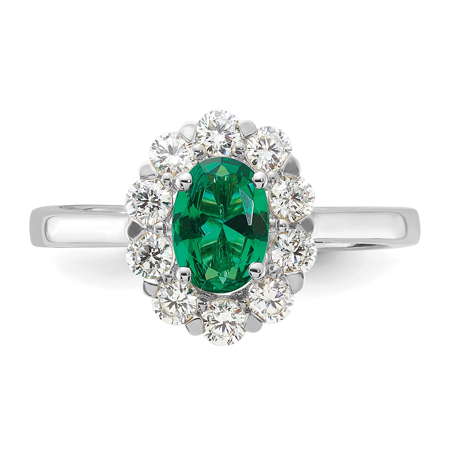 10k White Gold 5/8 carat Lab Grown Diamond VS/SI+ G+ and Oval Lab Created Emerald Halo Fashion Ring