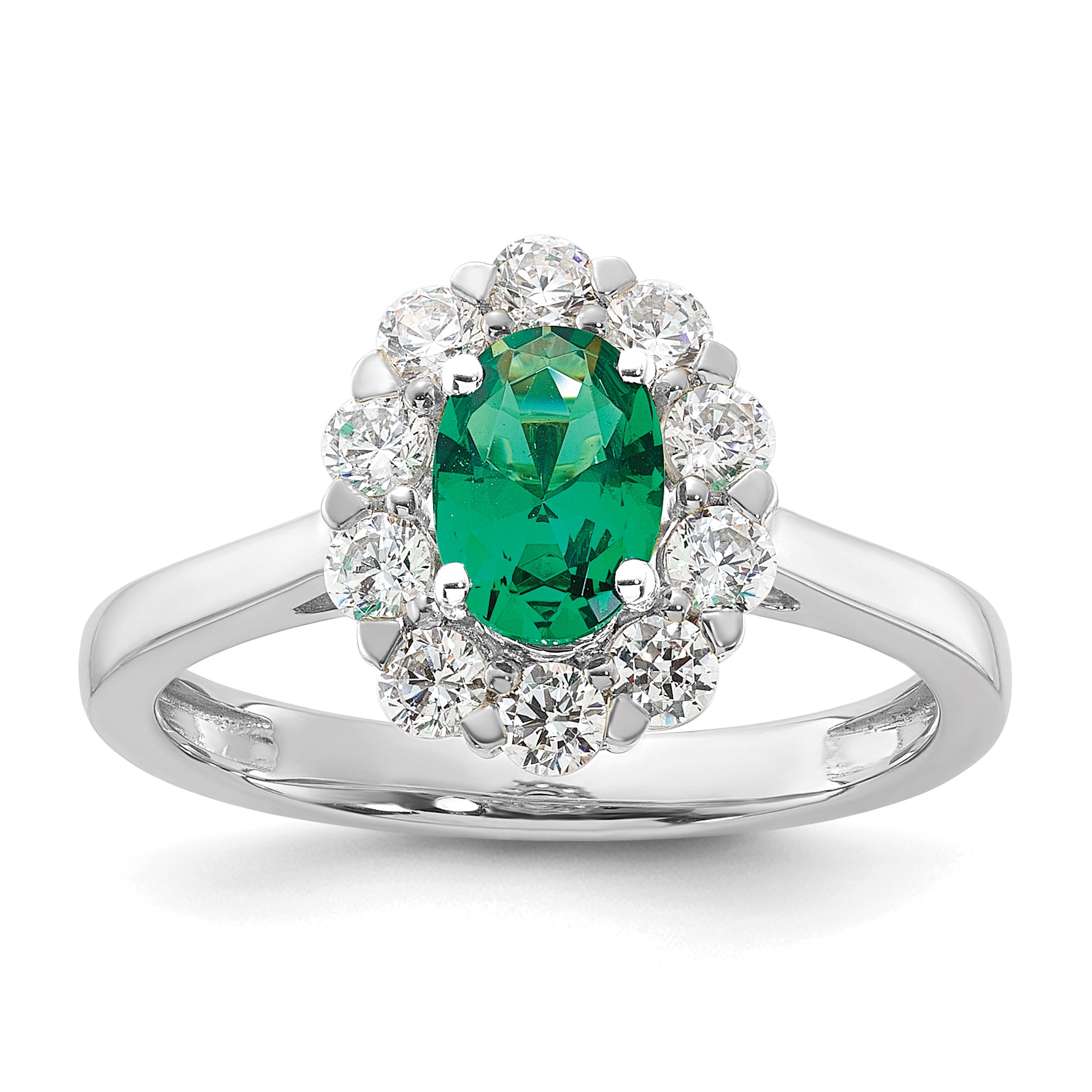 10k White Gold 5/8 carat Lab Grown Diamond VS/SI+ G+ and Oval Lab Created Emerald Halo Fashion Ring