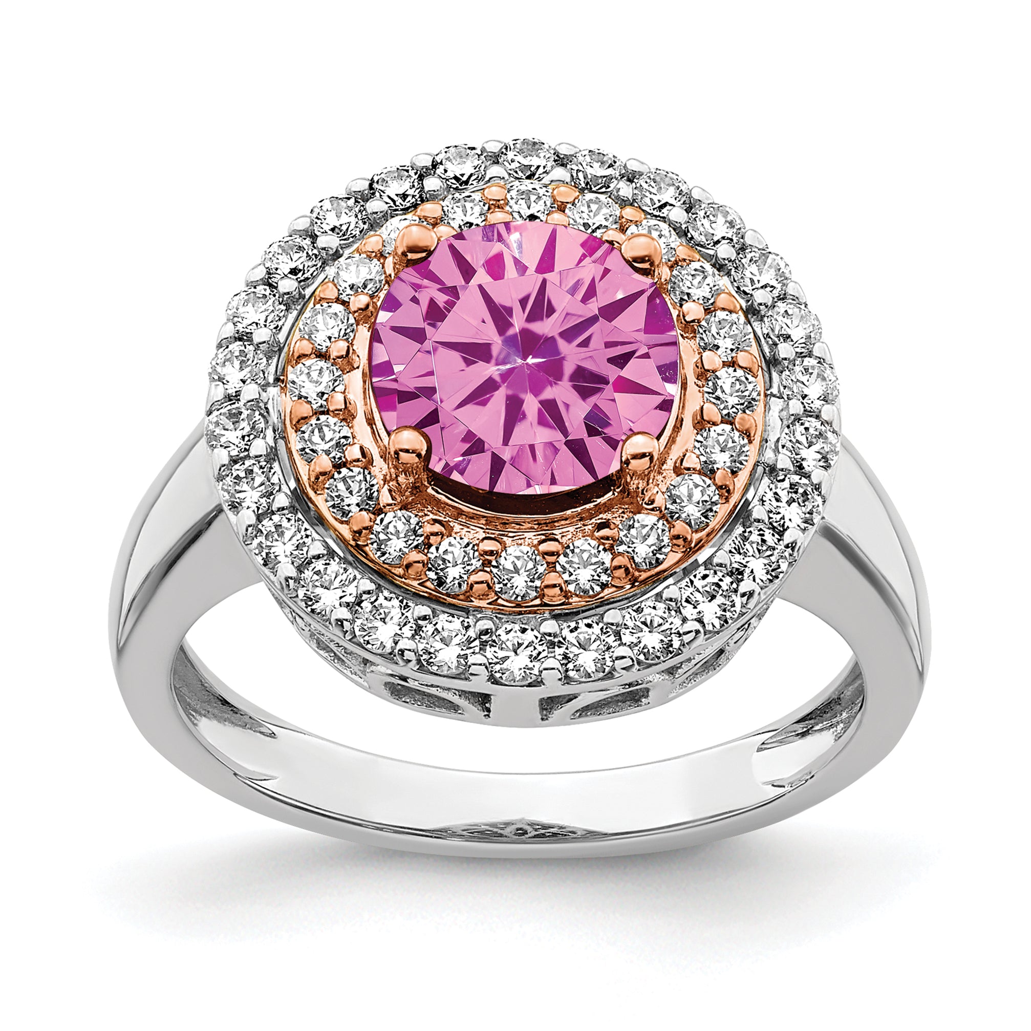 14k Two-Tone Rose and White Gold 5/8 carat Lab Grown Diamond VS/SI+ G+ and Lab Created Pink Sapphire Fashion Ring