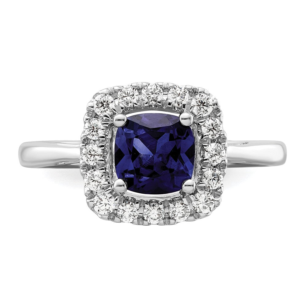 14K White Gold Lab Grown VS/SI FGH Dia and Created Blue Sapphire Halo Ring