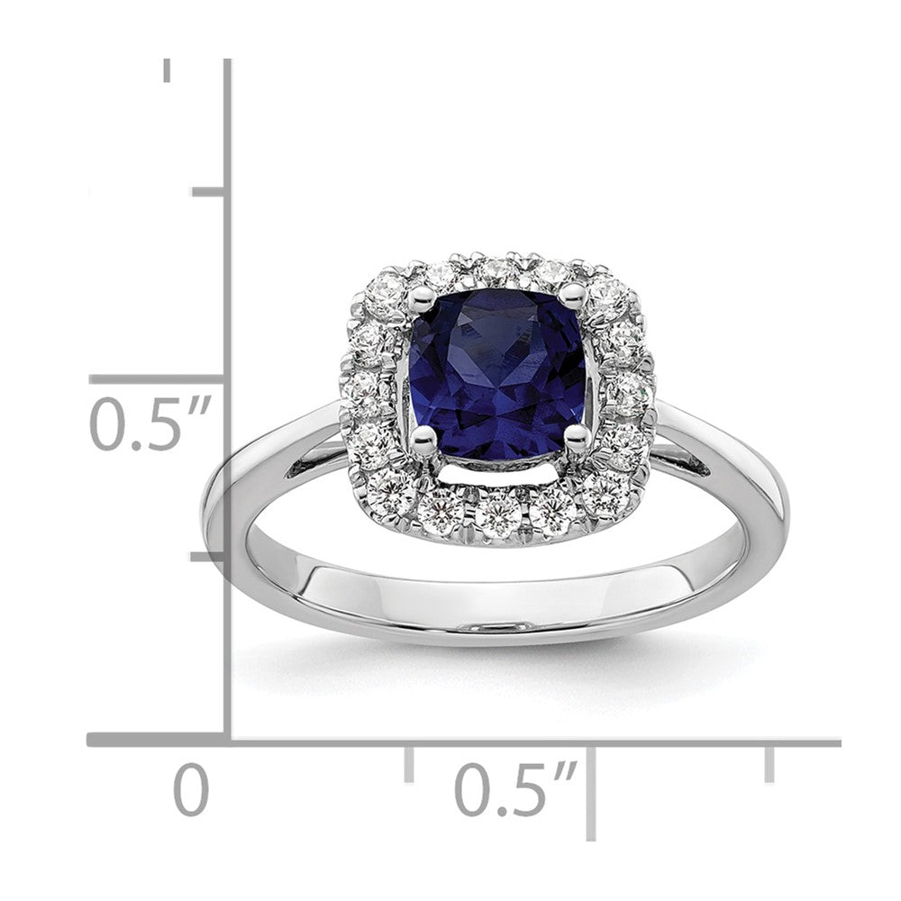 14K White Gold Lab Grown VS/SI FGH Dia and Created Blue Sapphire Halo Ring