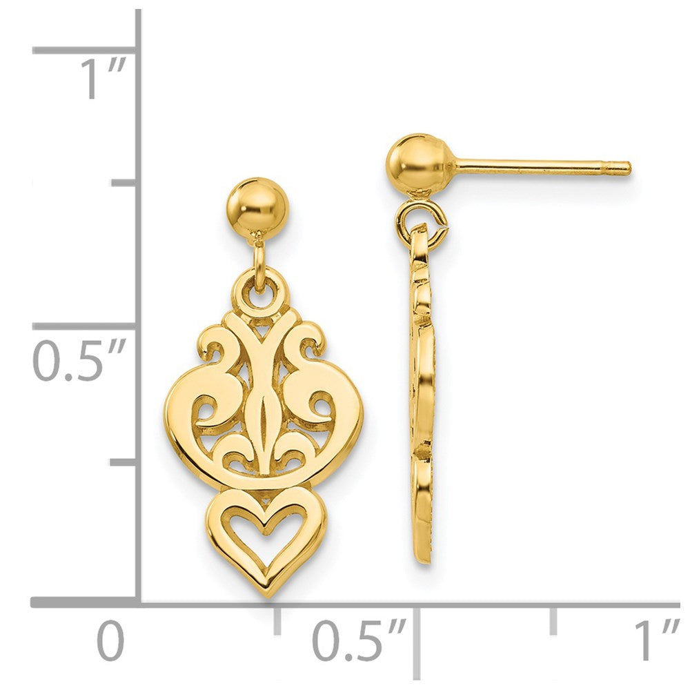 14k Polished Filigree Fancy Heart Post Dangle Earrings