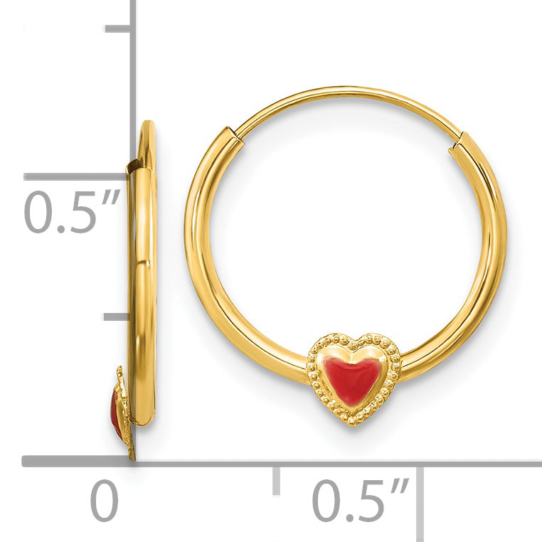 14K Madi K Polished Red Enameled Heart Hoops