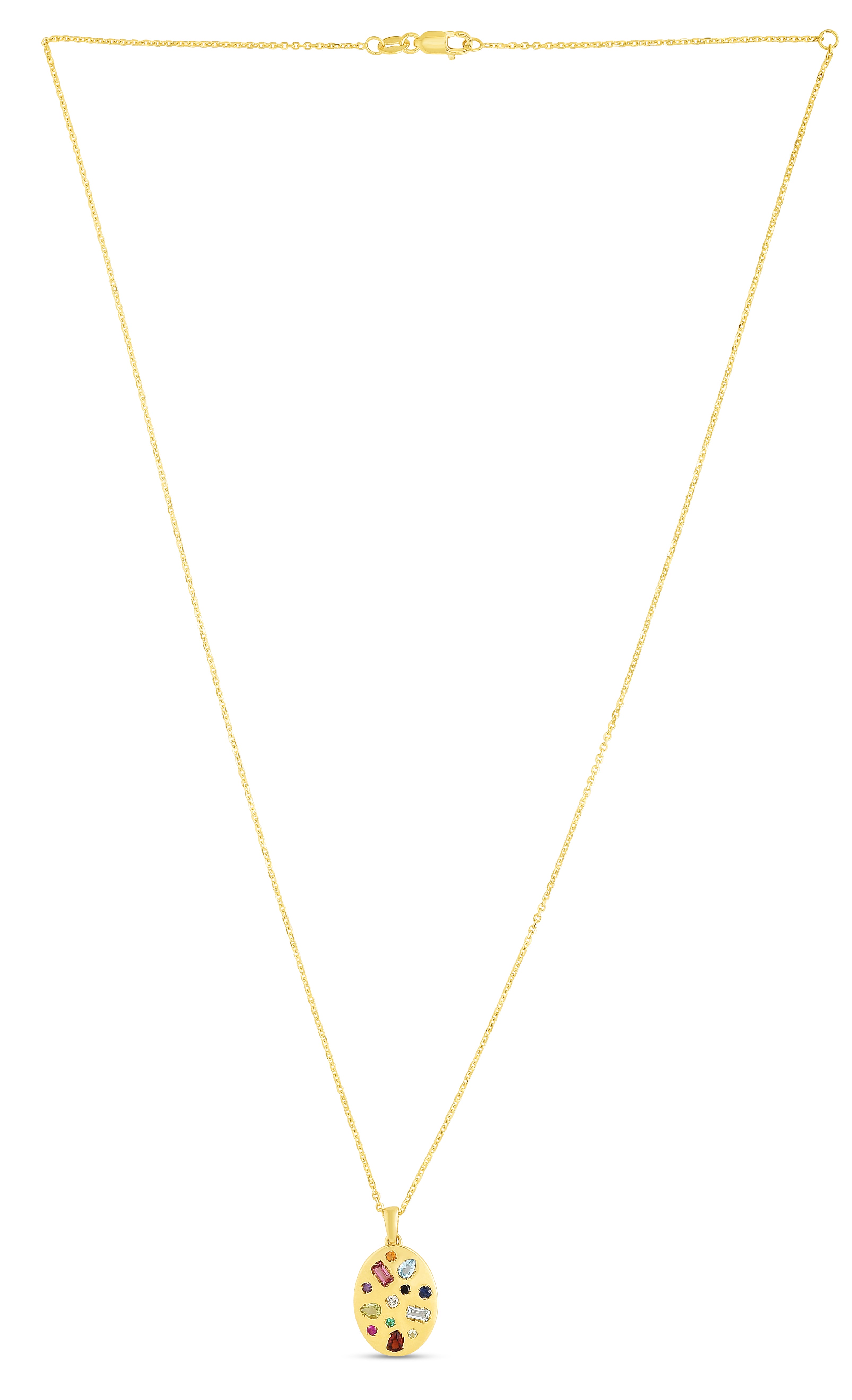 14K Yellow Gold Gemstone Inlay Oval 18" Necklace with Lobster Clasp.
 
Stones include .02ct Diamonds, Citrine, Blue Topaz, Pink Tourmaline, Ruby, Garnet, Sapphire, Aquamarine, Peridot, Amethyst, Emerald & Black Spinel.