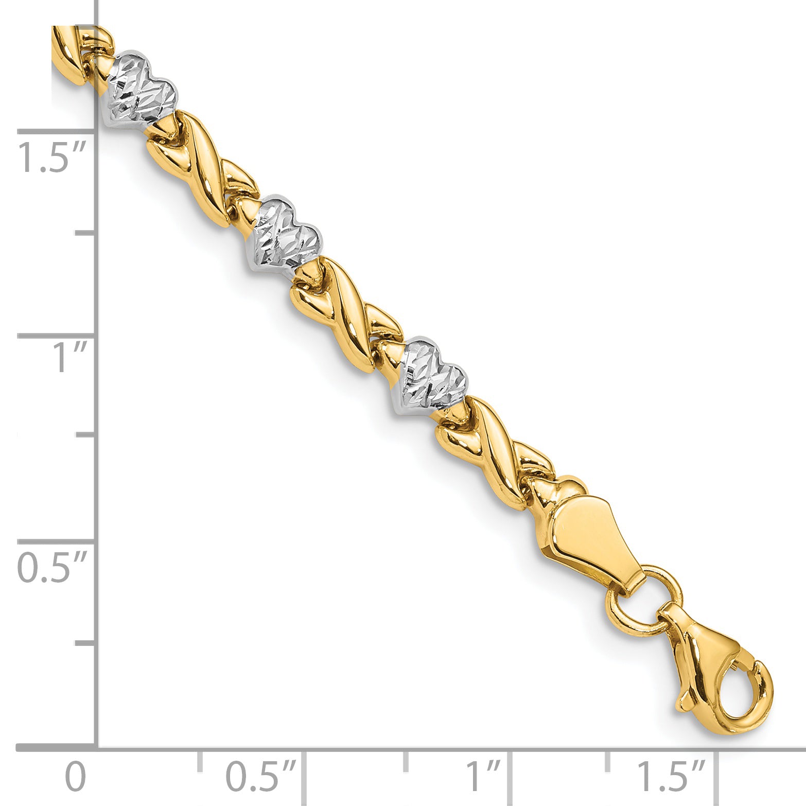14K W/Rhodium Polished Heart And X Bracelet