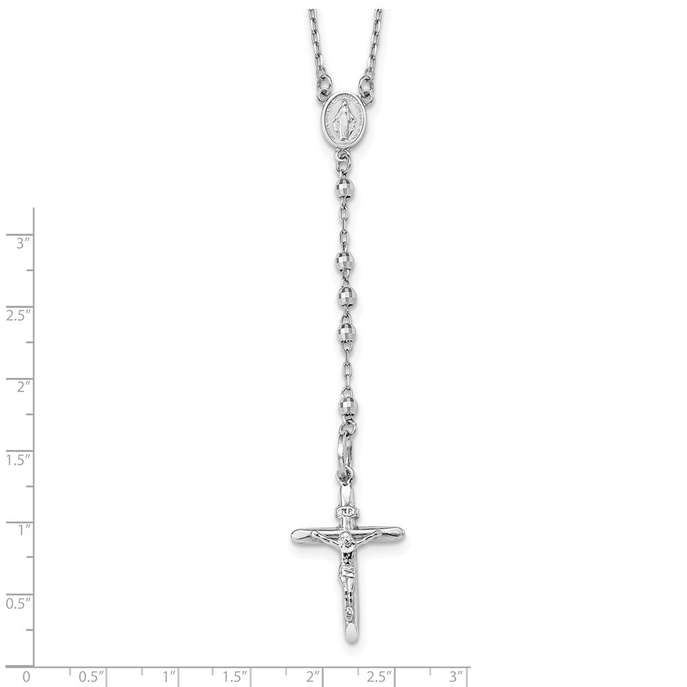 14k White Gold Diamond-cut 3mm Beaded Rosary 24 inch Necklace