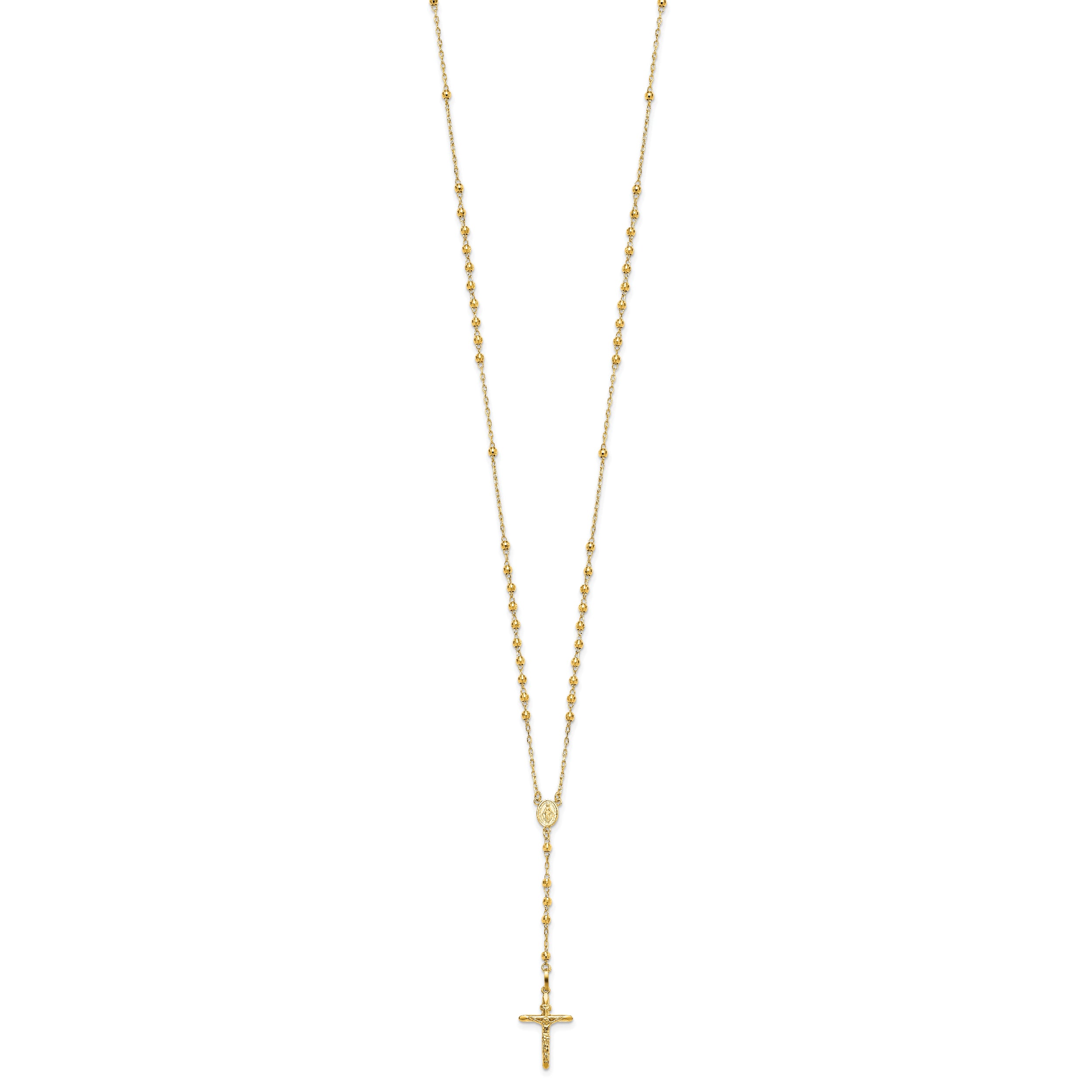 14k Polished Crucifix and Miraculous Medal with 3mm Mirror Beads Semi-solid 24 inch Rosary Necklace