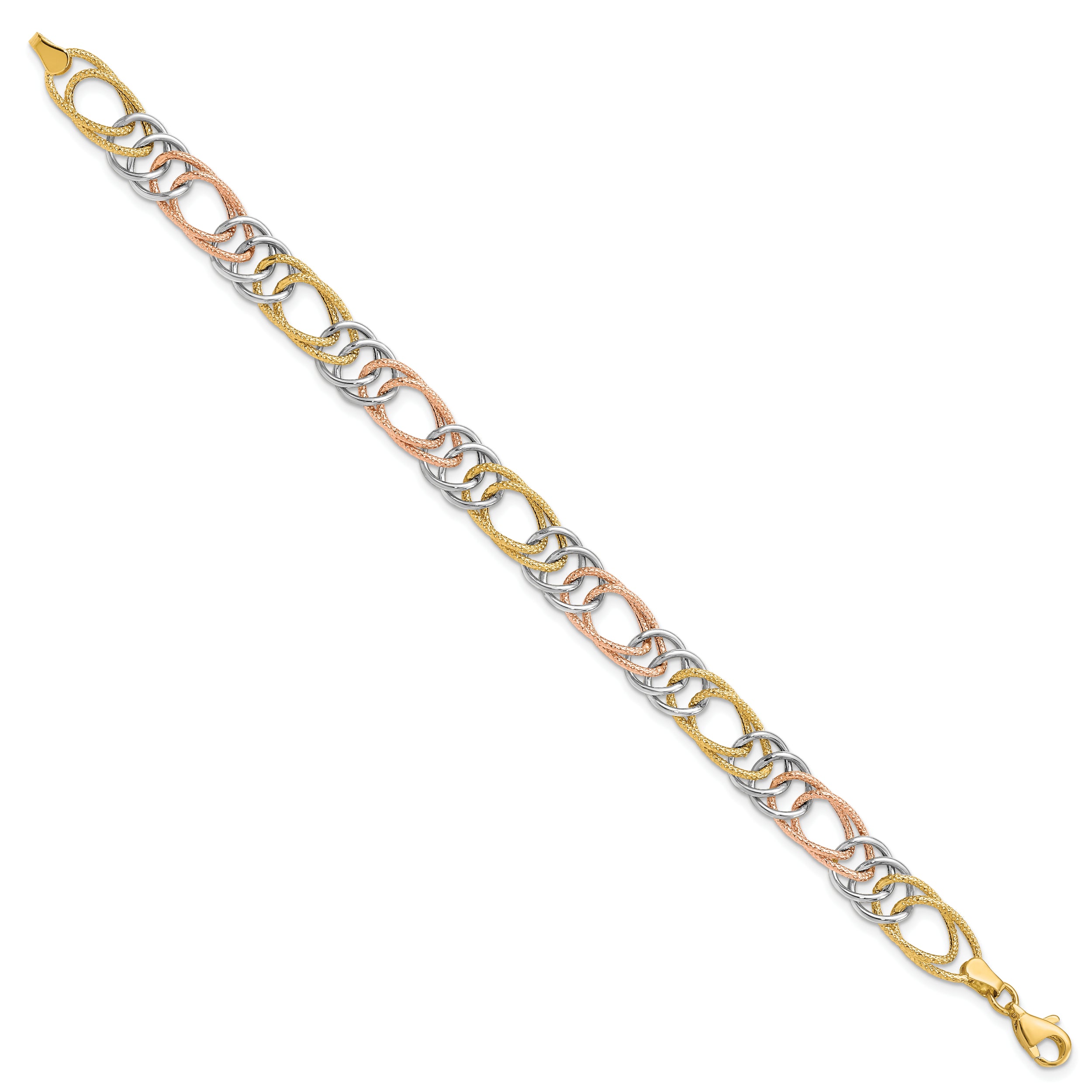 14K Tri-Color Polished/Textured Fancy Double Link Bracelet