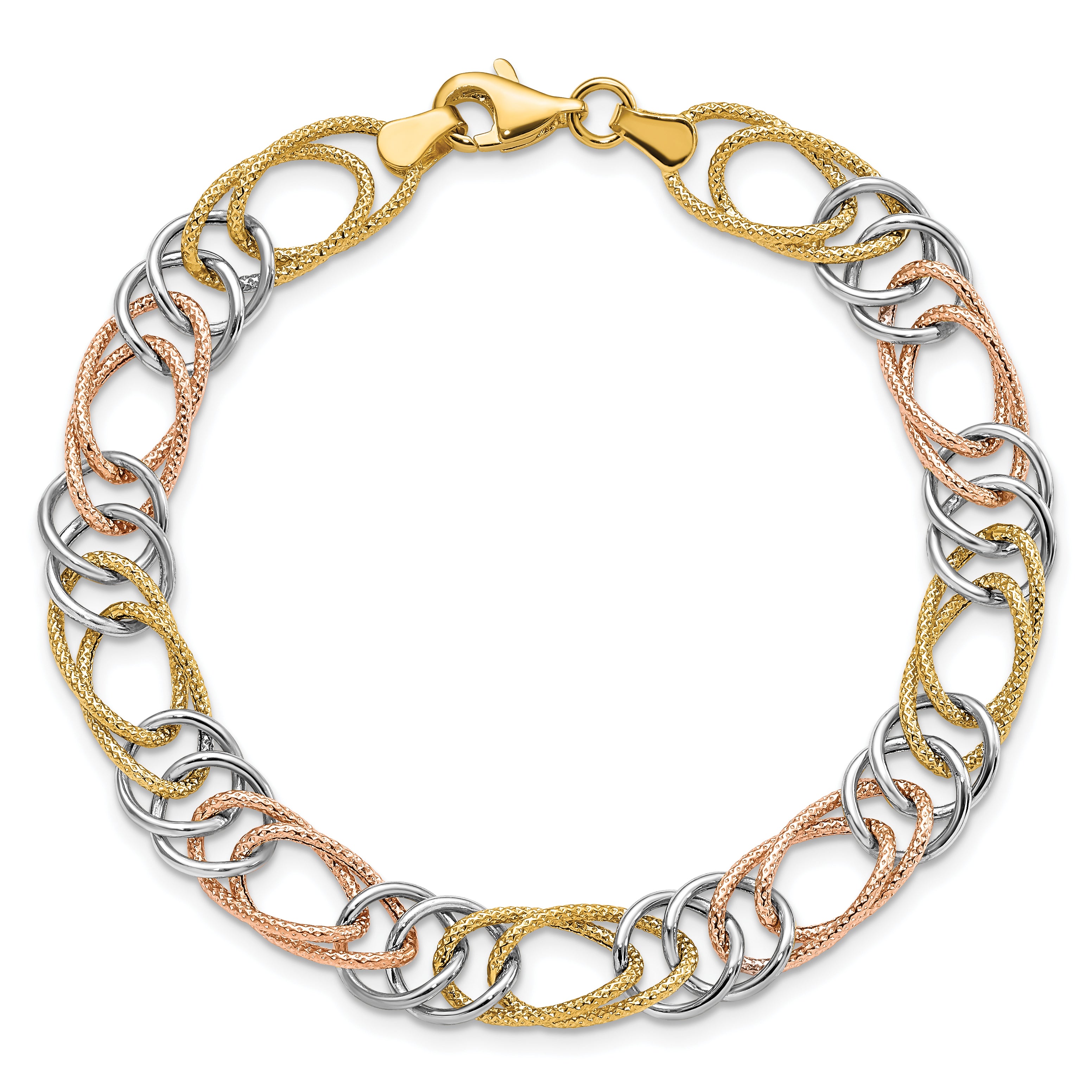 14K Tri-Color Polished/Textured Fancy Double Link Bracelet