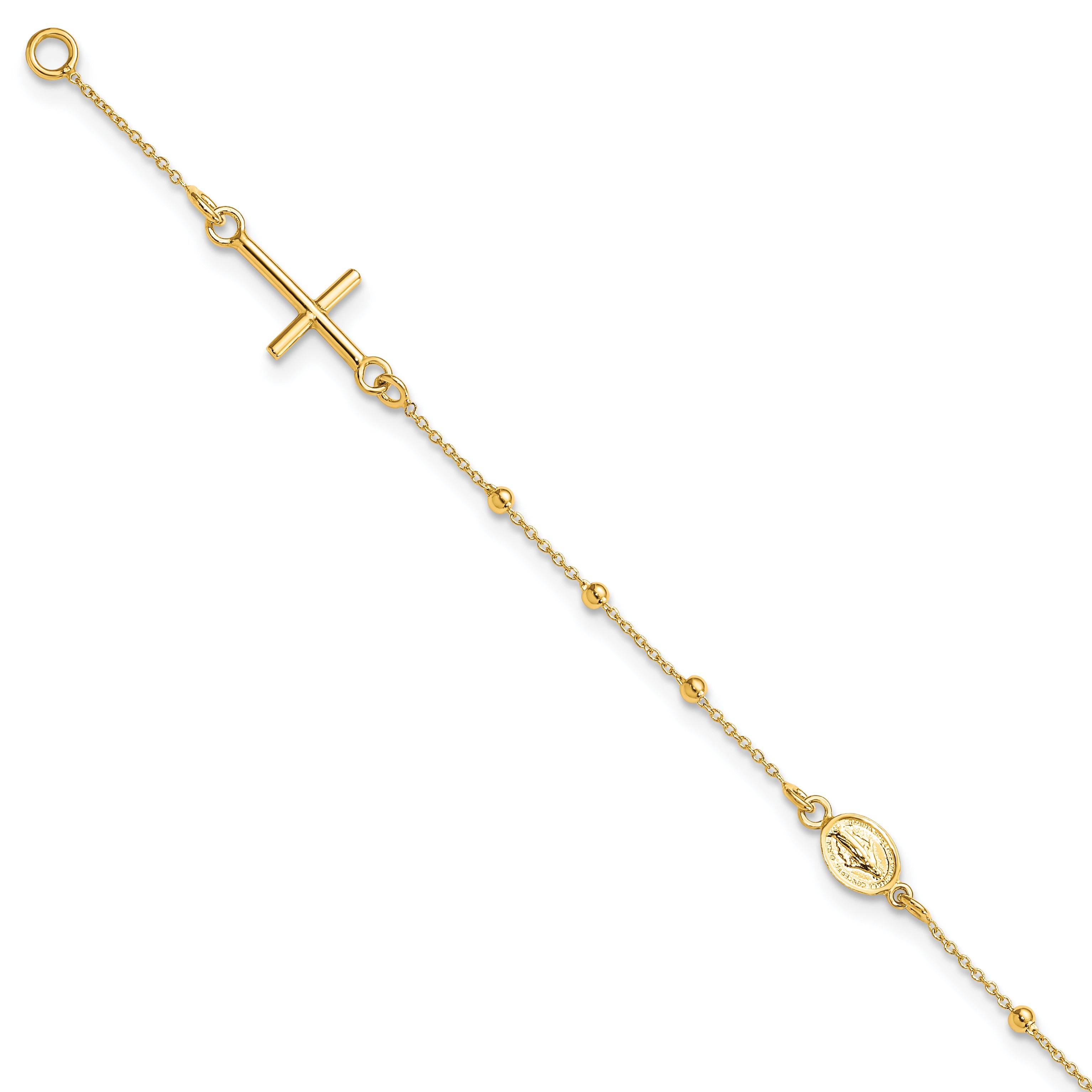14K Polished Cross Rosary 7.5 Inch Bracelet