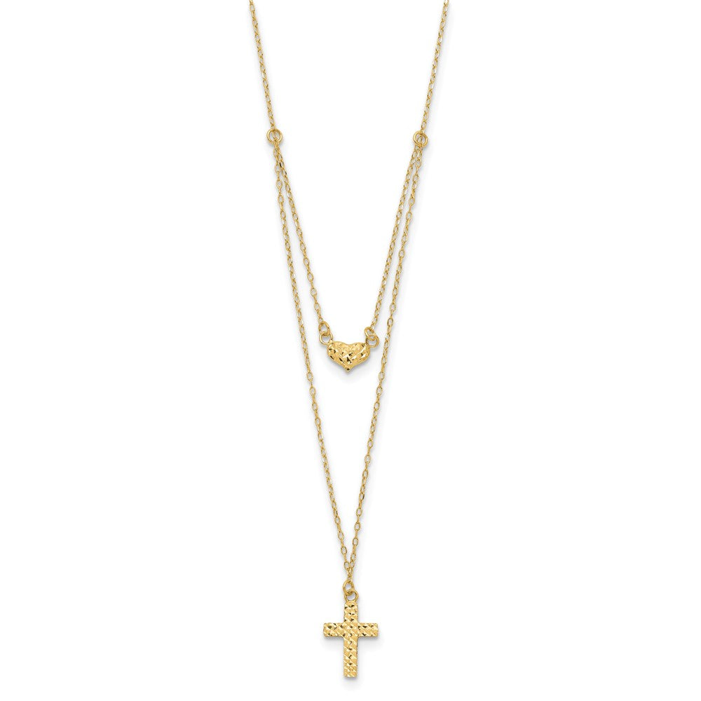 14k Polished 2-Strand D/C Cross & Heart w/2in. Ext. Necklace