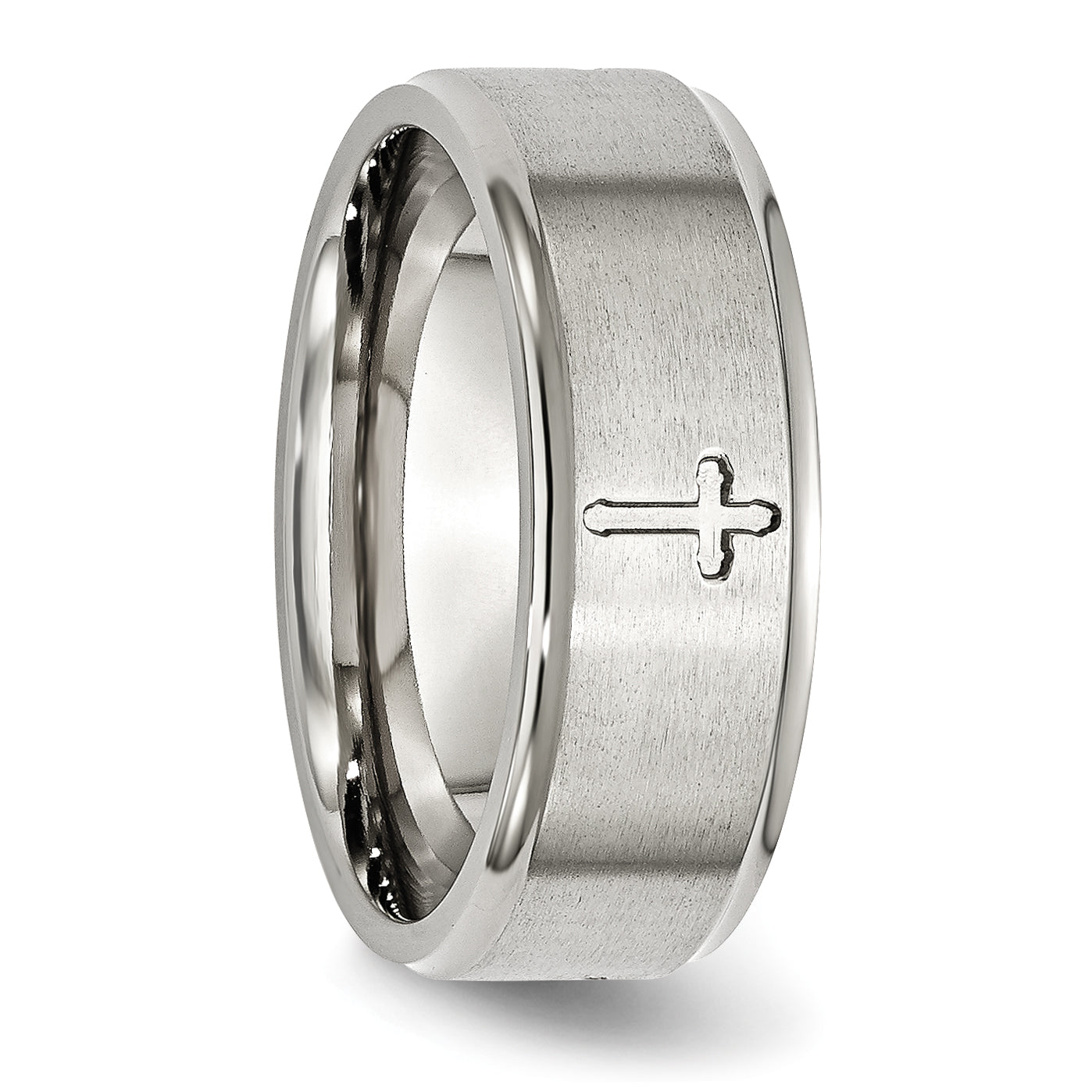 Chisel Stainless Steel Brushed and Polished Cross 8mm Ridged Edge Band