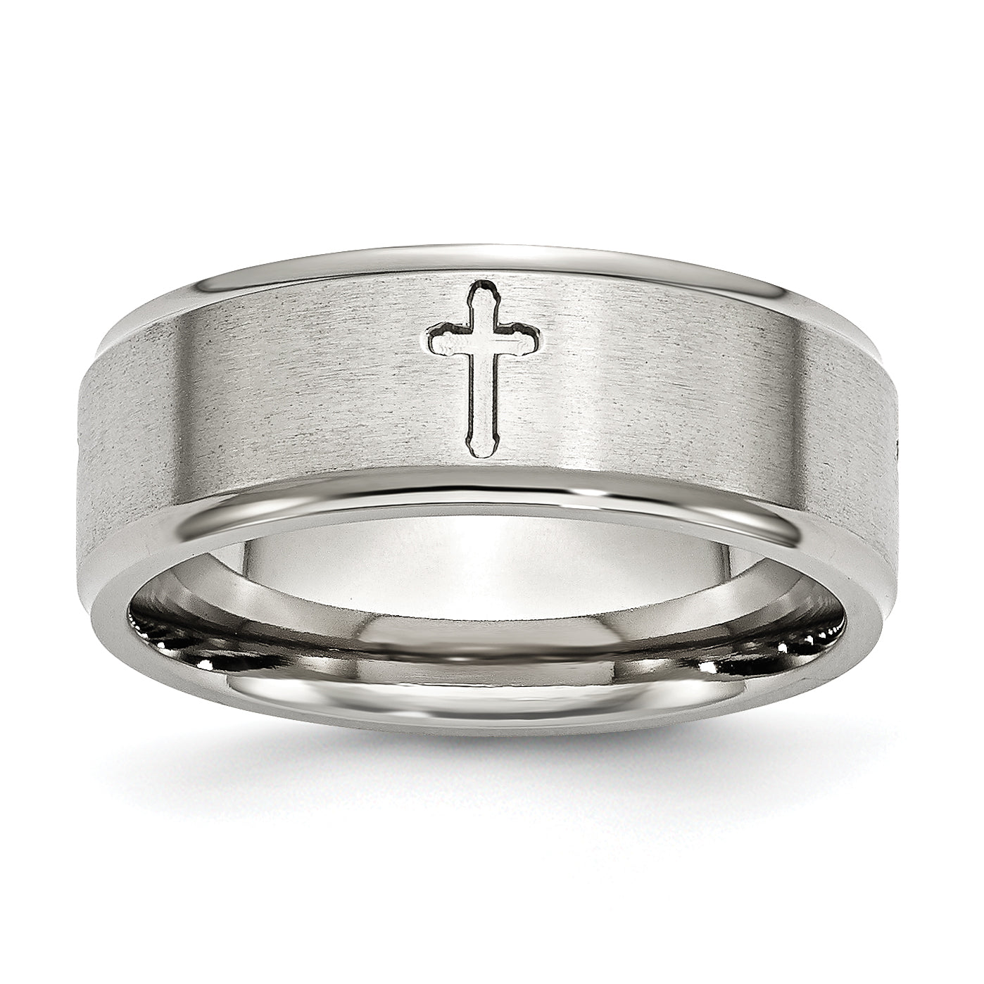 Chisel Stainless Steel Brushed and Polished Cross 8mm Ridged Edge Band