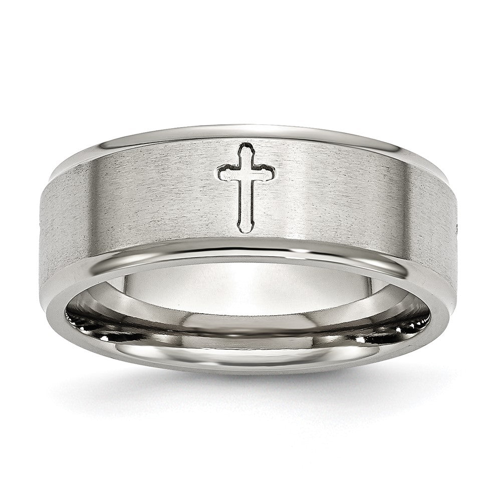 Chisel Stainless Steel Brushed and Polished Cross 8mm Ridged Edge Band
