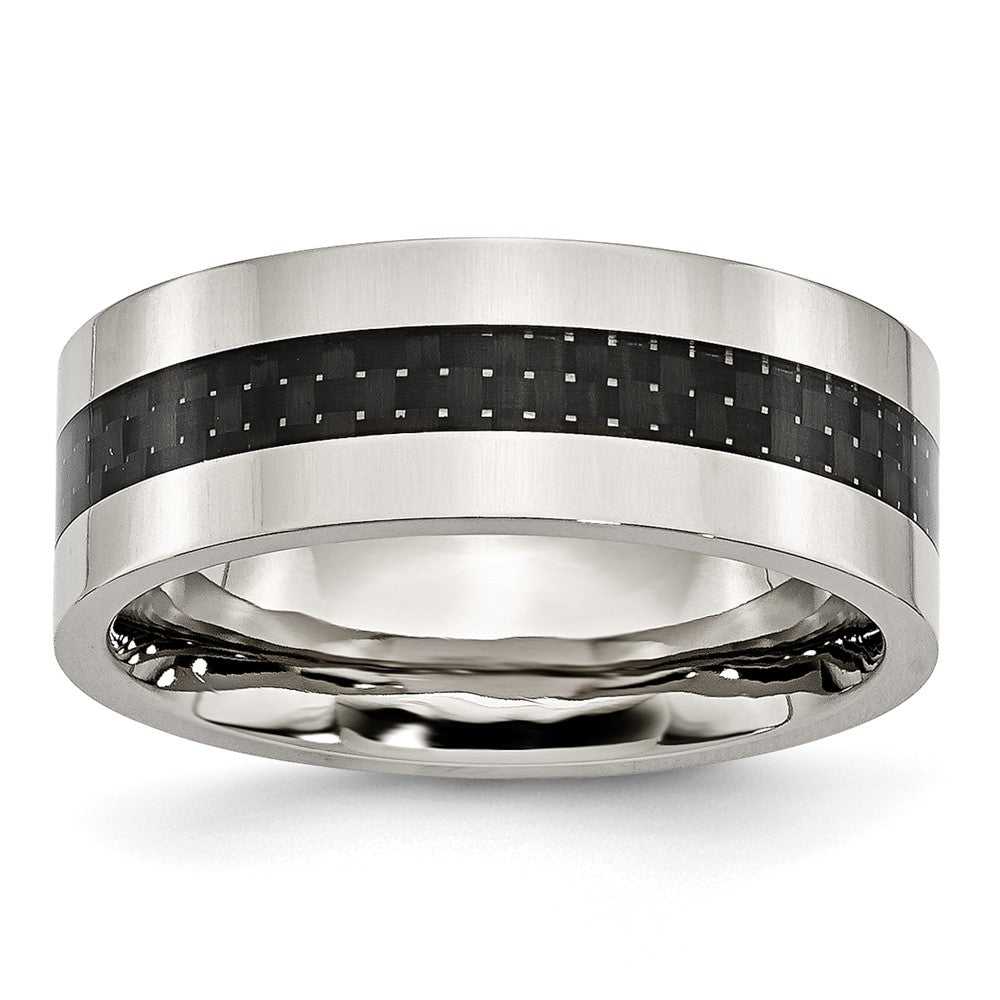 Chisel Stainless Steel Polished with Black Carbon Fiber Inlay 8mm Flat Band