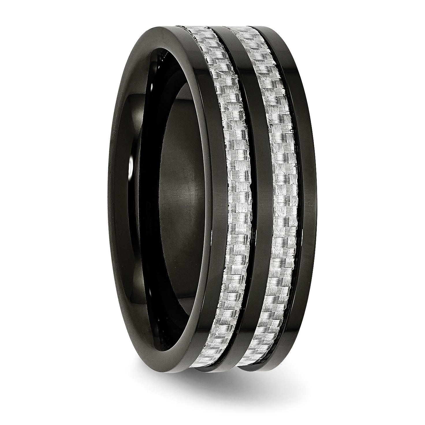 Chisel Stainless Steel Polished Black IP-plated with Grey Carbon Fiber Inlay 8mm Band