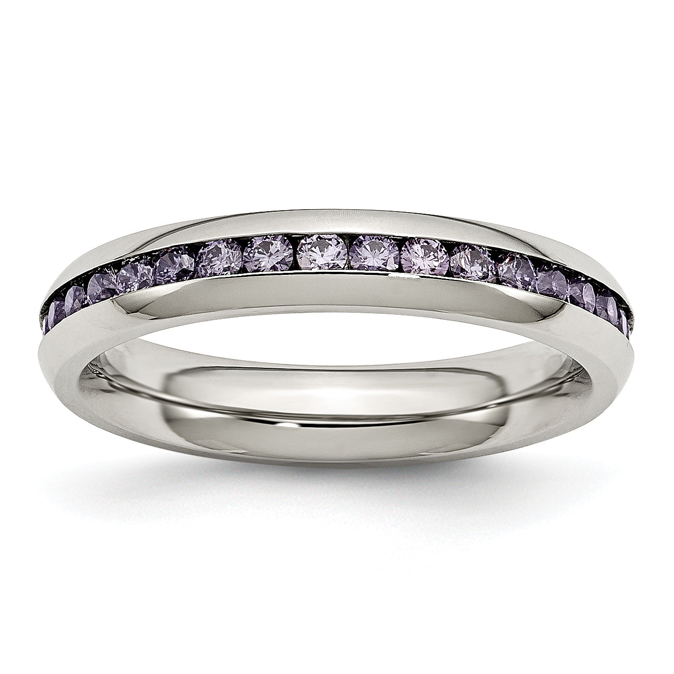 Chisel Stainless Steel Polished 4mm February Purple CZ Ring