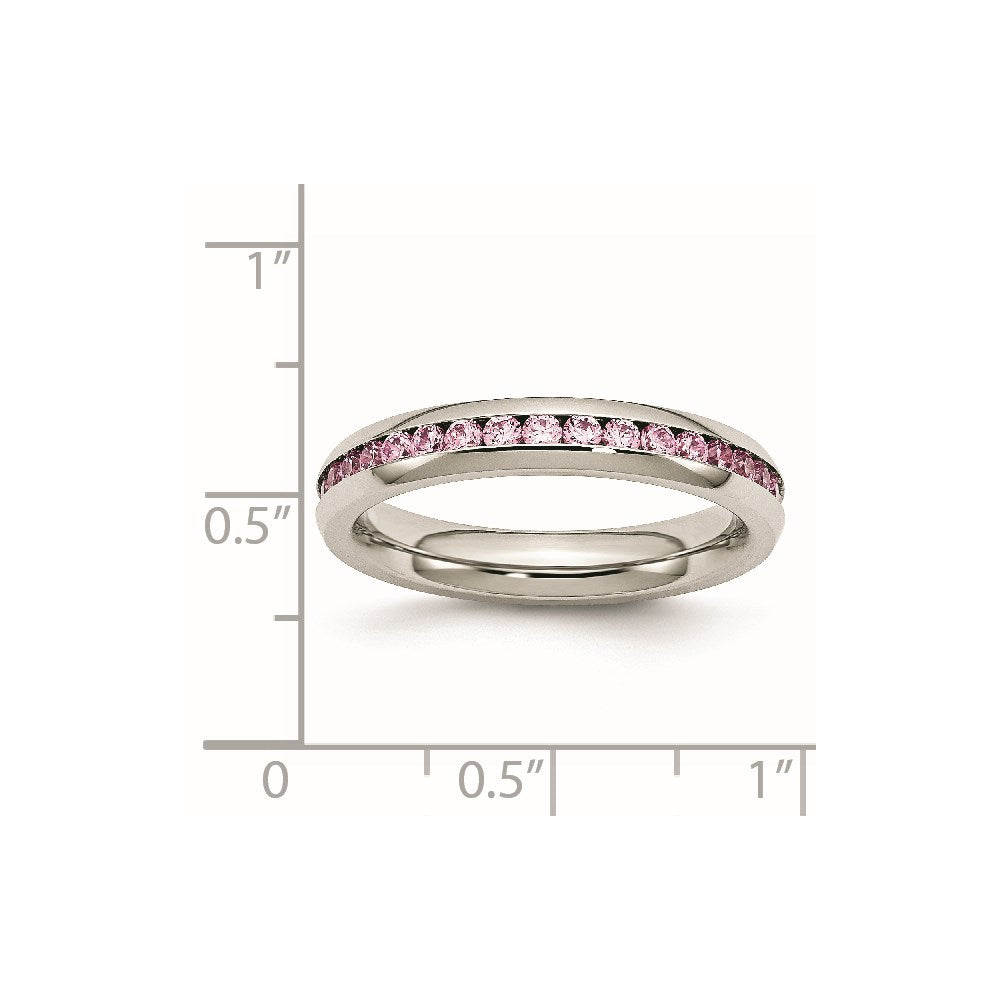 Chisel Stainless Steel Polished 4mm October Pink CZ Ring
