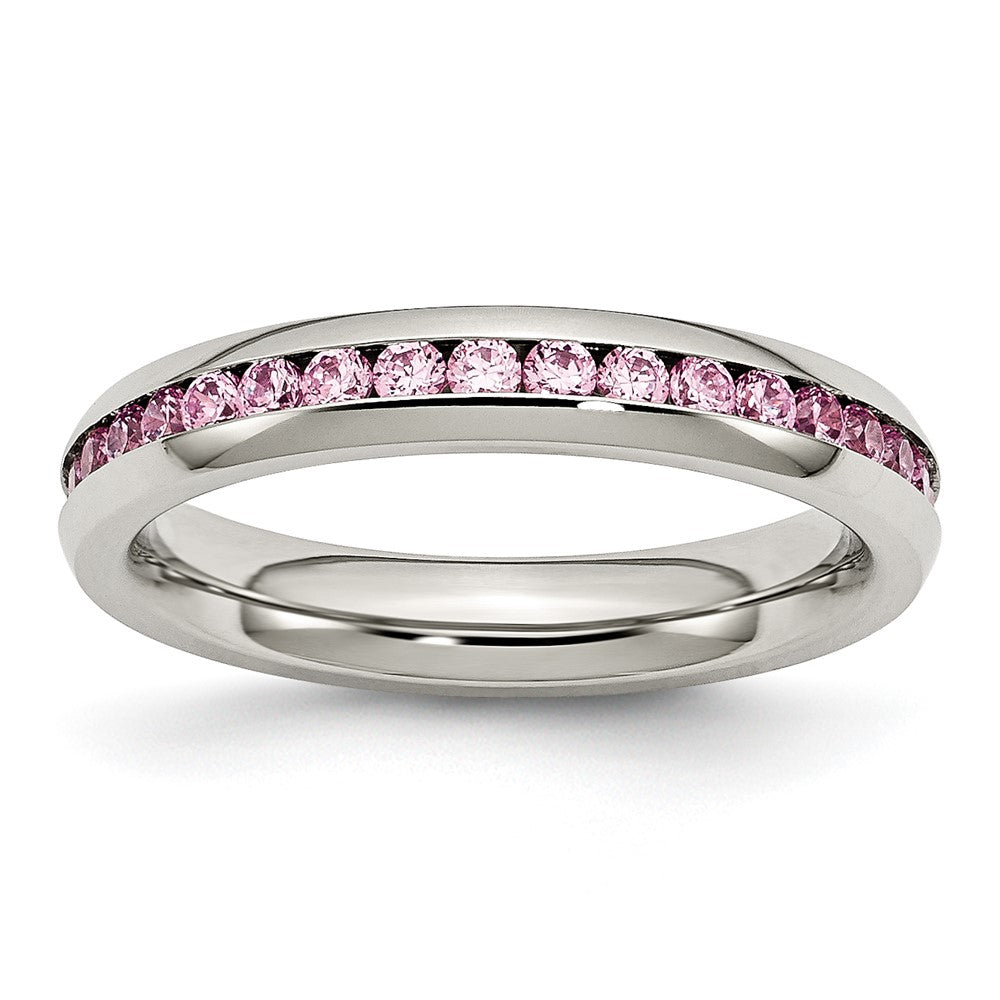 Chisel Stainless Steel Polished 4mm October Pink CZ Ring