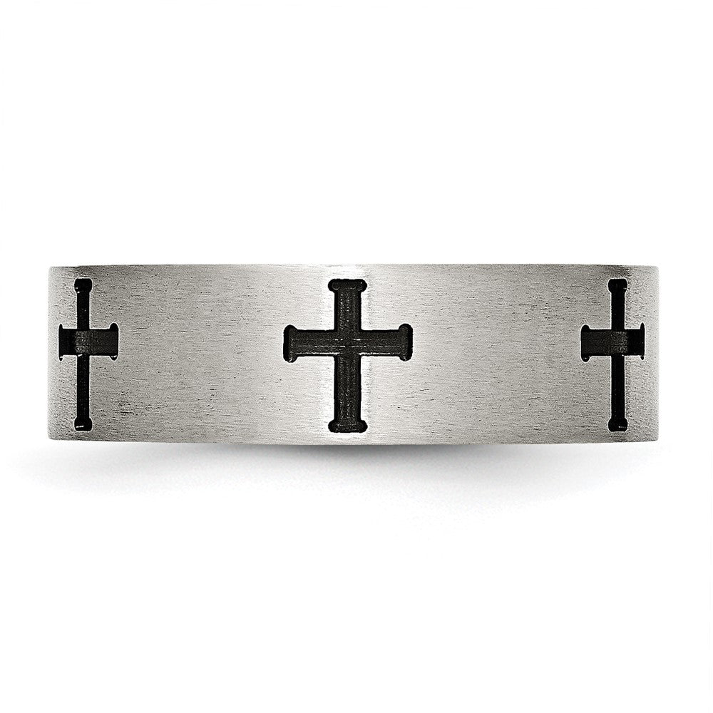 Chisel Stainless Steel Brushed and Polished Black IP-plated Crosses 7mm Band