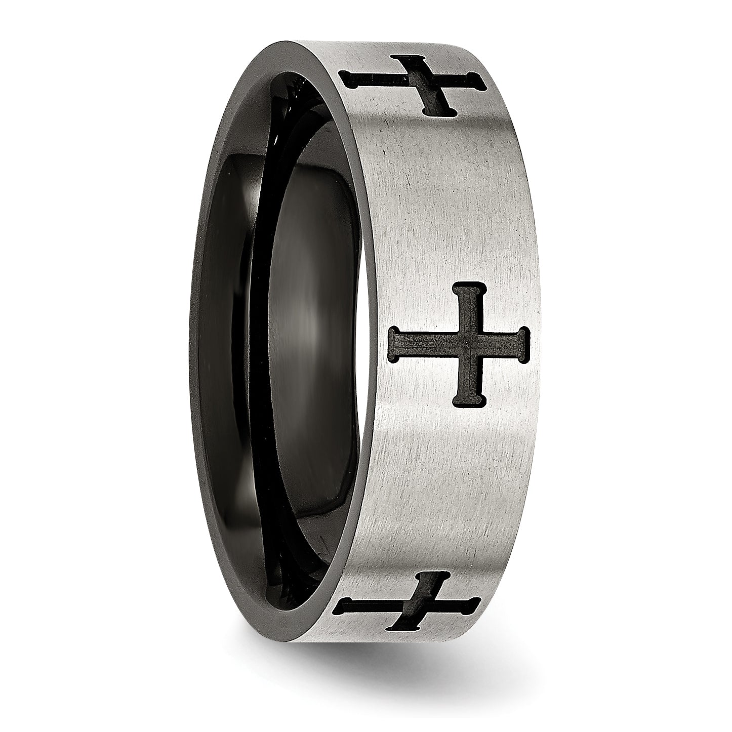 Chisel Stainless Steel Brushed and Polished Black IP-plated Crosses 7mm Band