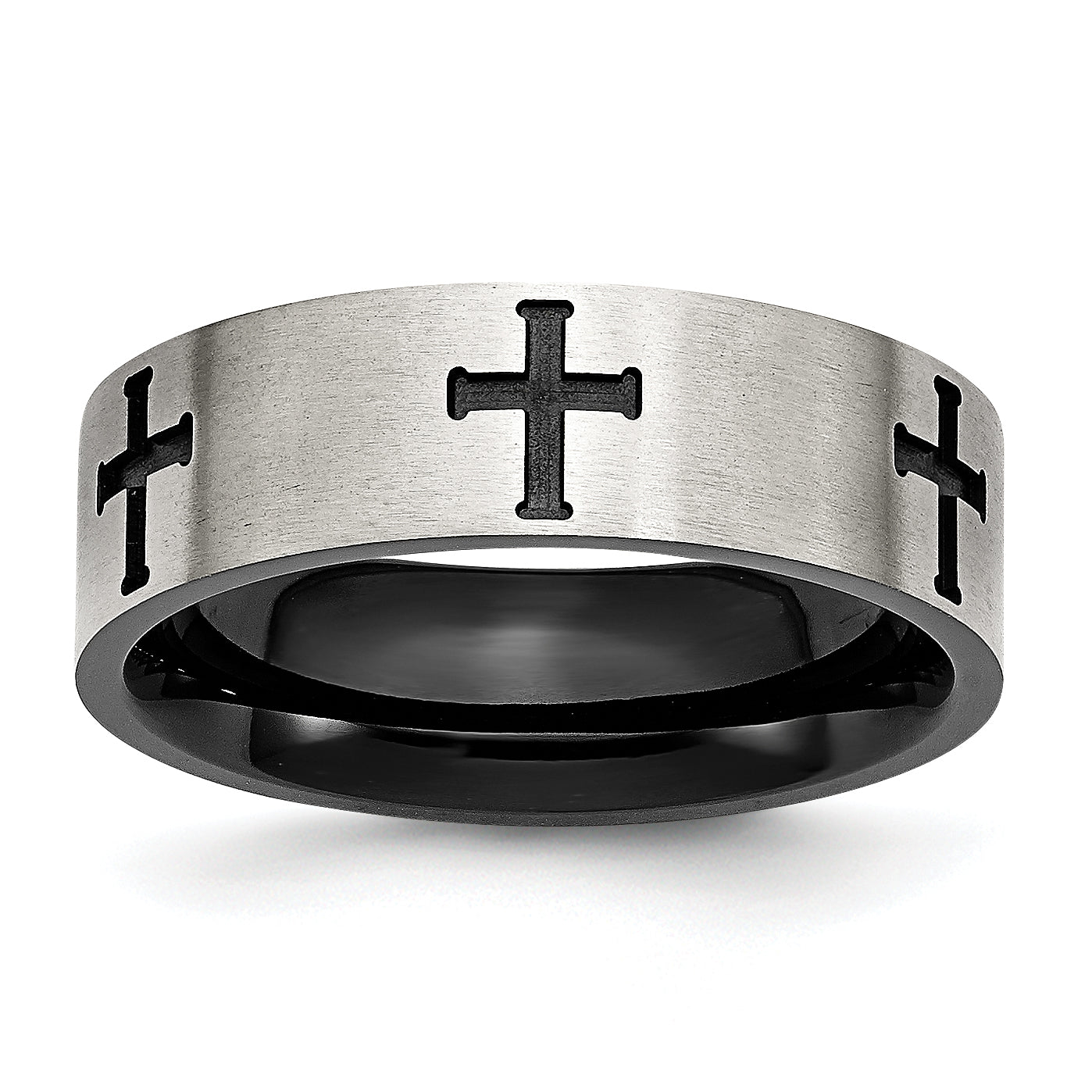 Chisel Stainless Steel Brushed and Polished Black IP-plated Crosses 7mm Band