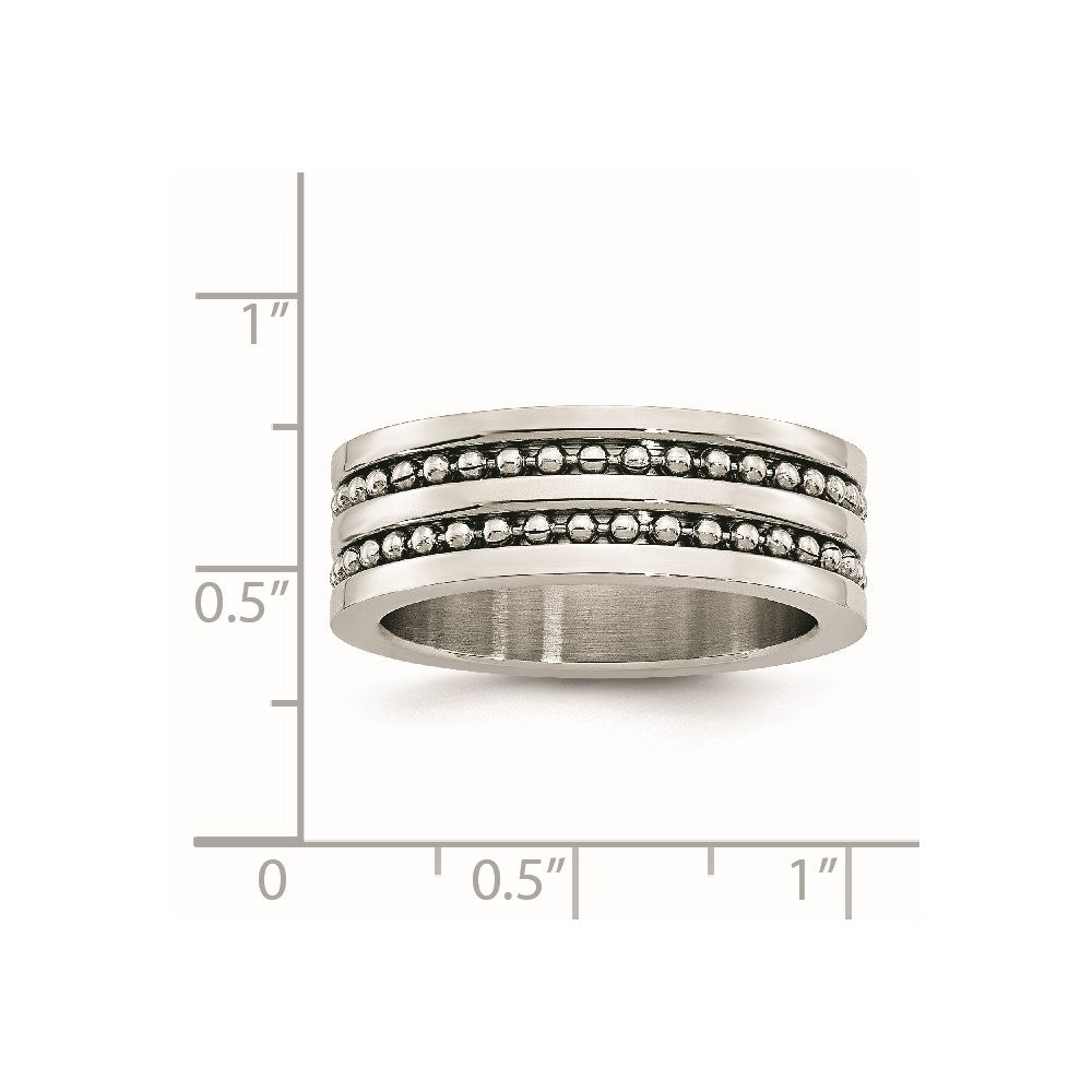 Stainless Steel Antiqued/Polished Double Row Beaded 8mm Band