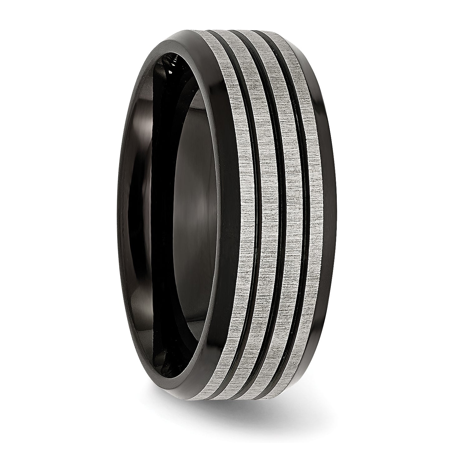 Chisel Stainless Steel Brushed and Polished Black IP-plated Striped 8mm Band