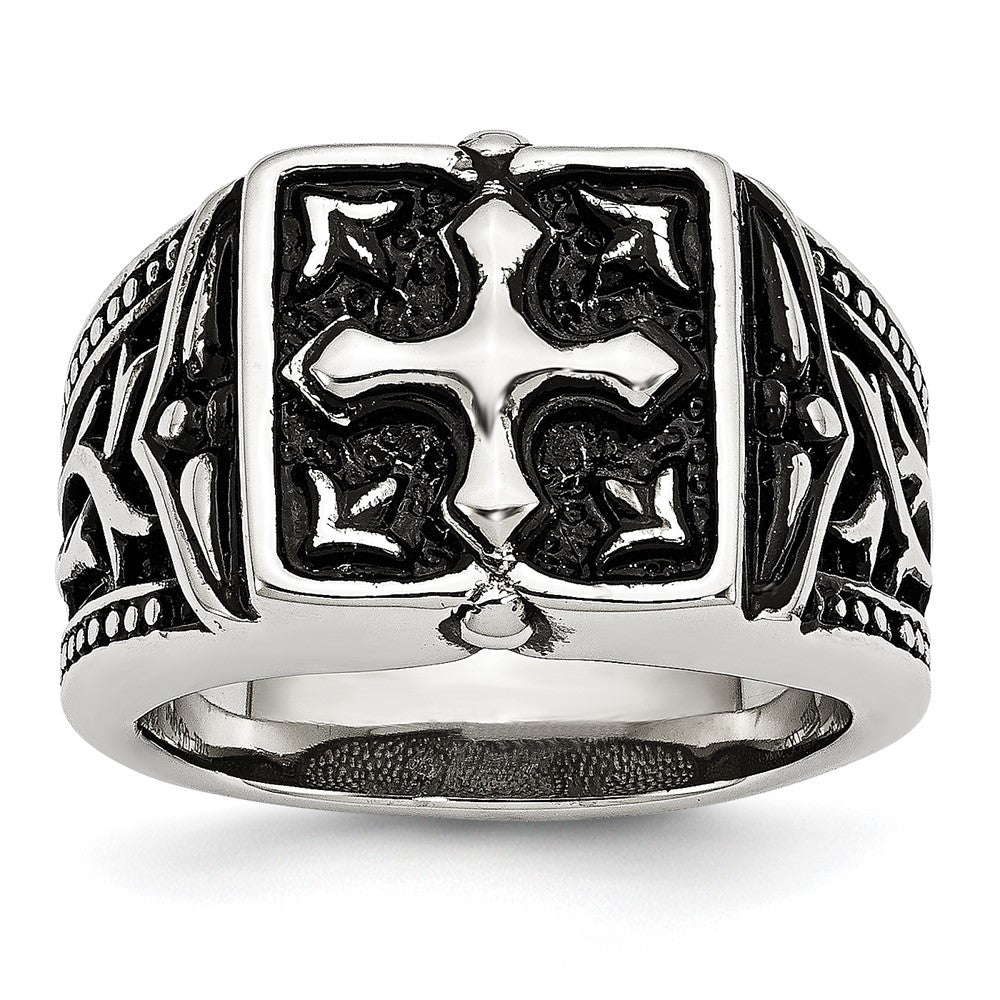 Chisel Stainless Steel Antiqued Polished and Textured Cross Ring