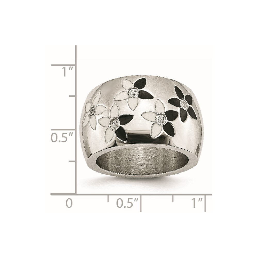 Stainless Steel Black & White Enamel Flowers w/CZ Ring