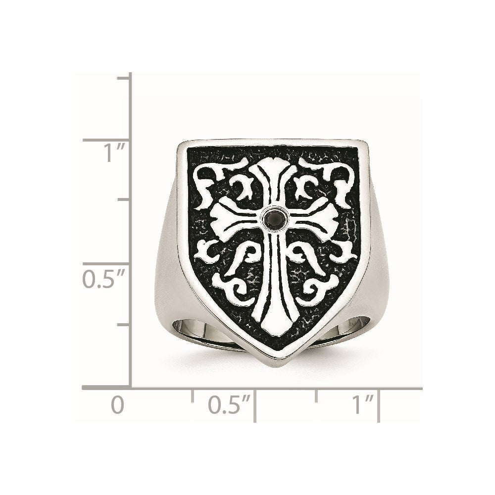 Chisel Stainless Steel Antiqued and Polished 1/20 Carat Black Diamond Shield Ring