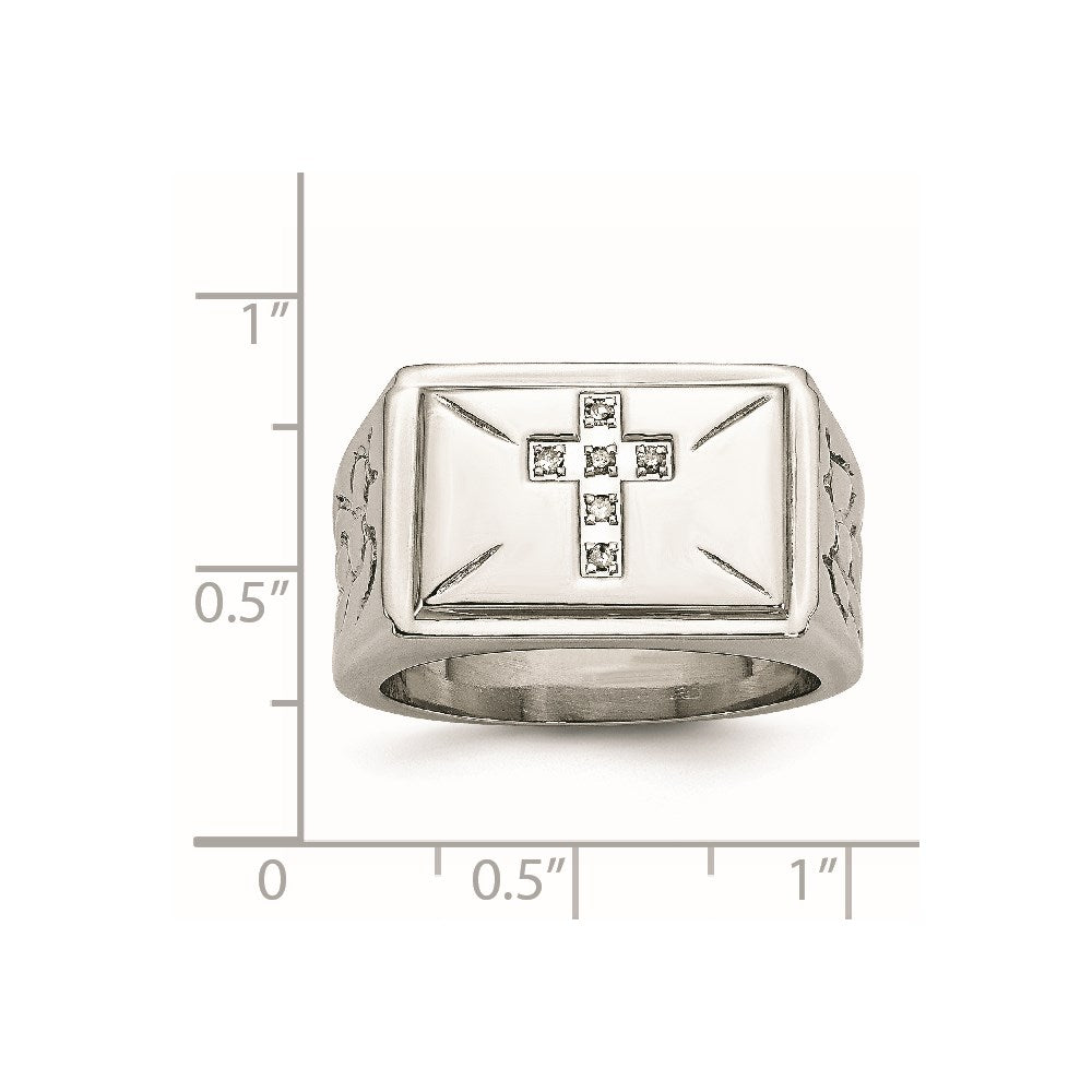 Chisel Stainless Steel Polished and Textured 1/15 Carat Diamond Cross 13.25mm Band