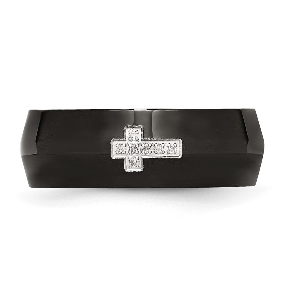 Chisel Stainless Steel Polished Black IP-plated 2pt Diamond Cross 8mm Band