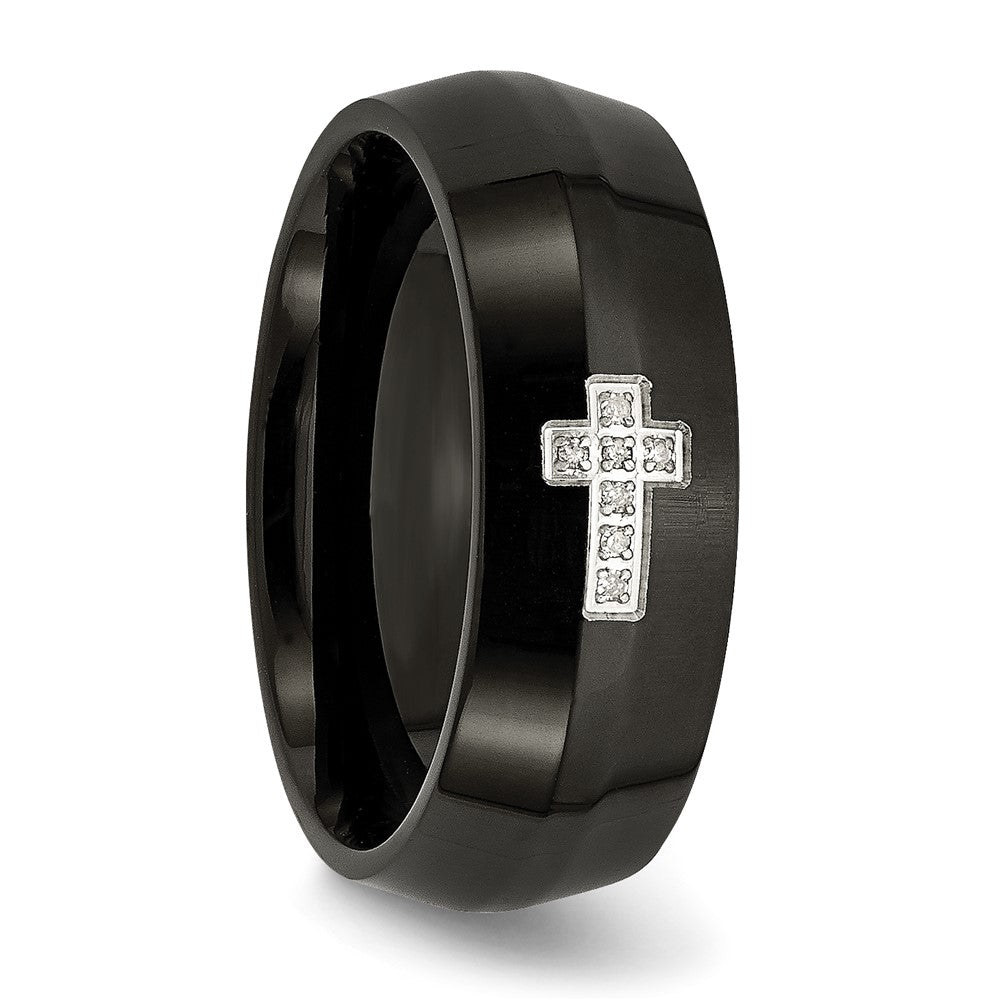 Chisel Stainless Steel Polished Black IP-plated 2pt Diamond Cross 8mm Band