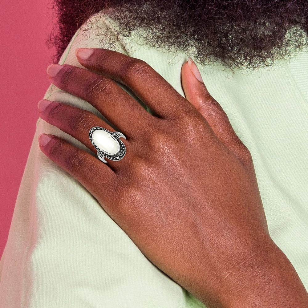 Stainless Steel Antiqued & White Cat's Eye Size 8 Ring