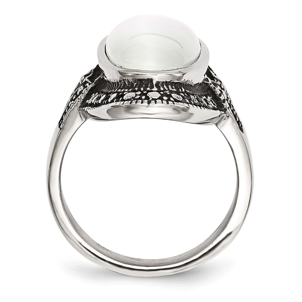 Stainless Steel Antiqued & White Cat's Eye Size 8 Ring