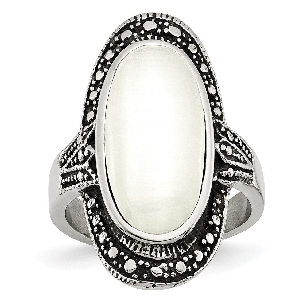 Stainless Steel Antiqued & White Cat's Eye Size 8 Ring
