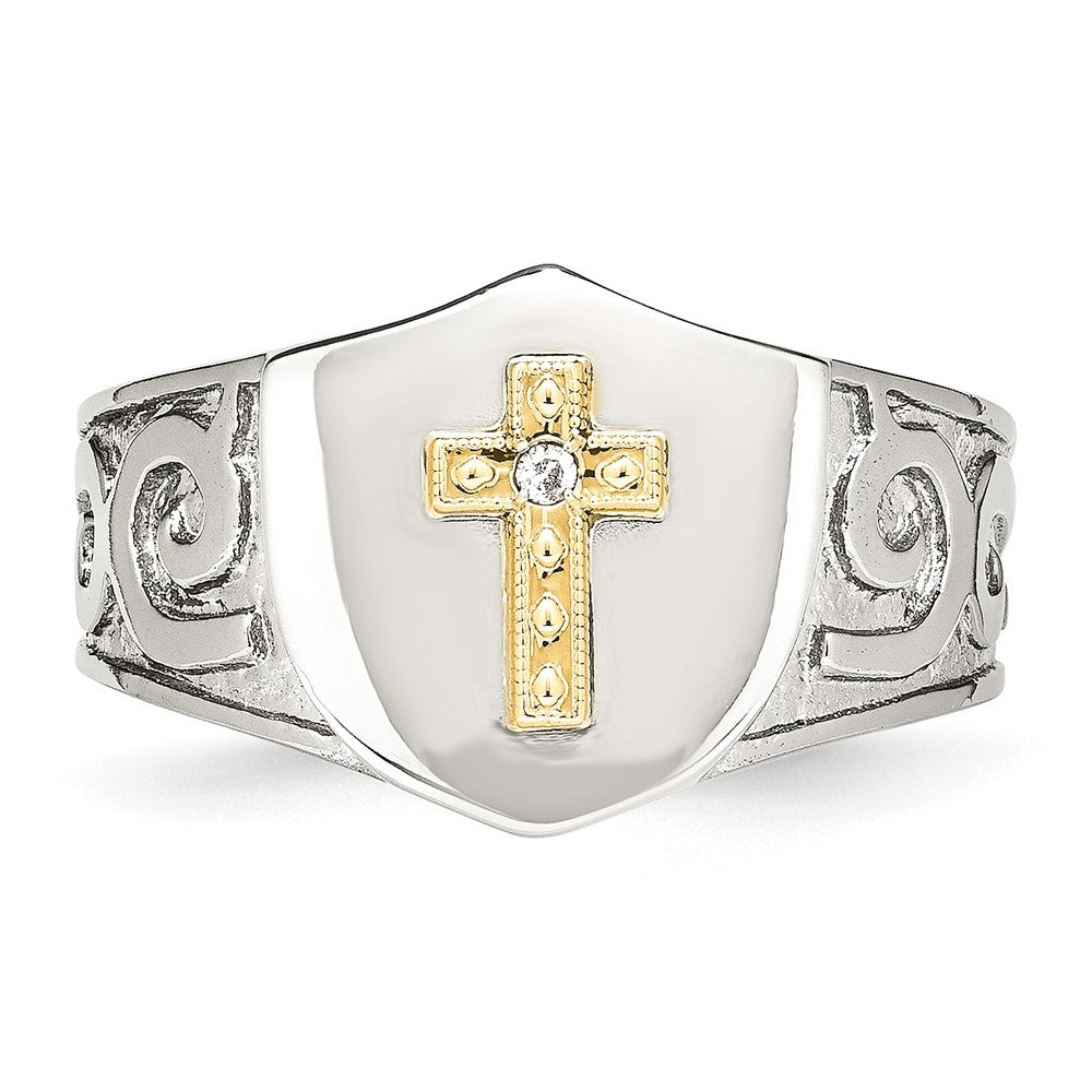 Chisel Stainless Steel Polished with 10K Gold Cross and .02 Carat Diamond Ring