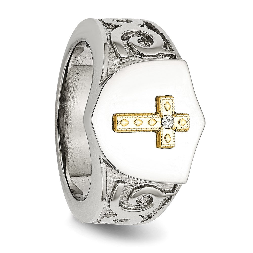 Chisel Stainless Steel Polished with 10K Gold Cross and .02 Carat Diamond Ring