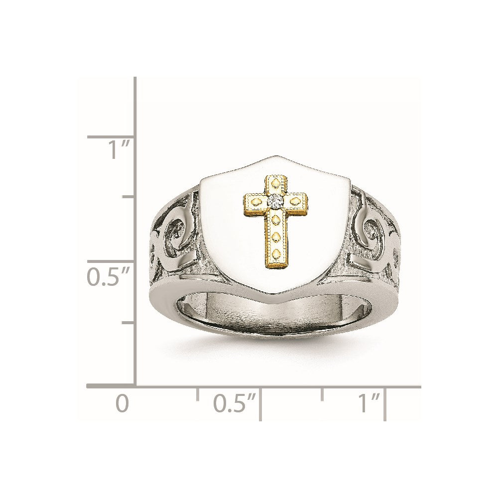 Chisel Stainless Steel Polished with 10K Gold Cross and .02 Carat Diamond Ring