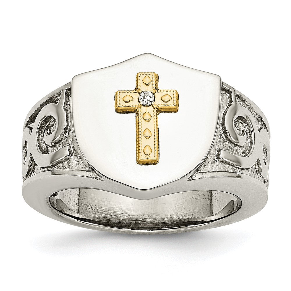 Chisel Stainless Steel Polished with 10K Gold Cross and .02 Carat Diamond Ring