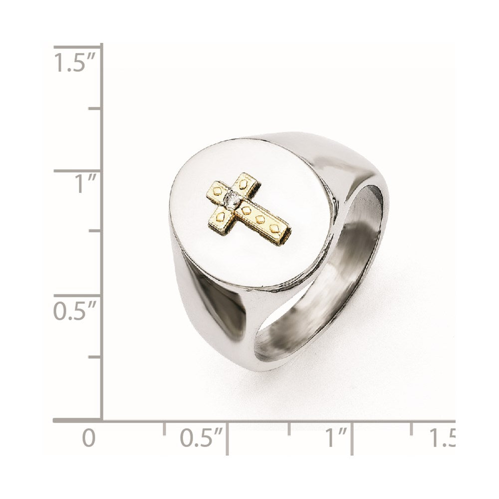 Chisel Stainless Steel Polished with 10K Gold Cross and .02 Carat Diamond Ring