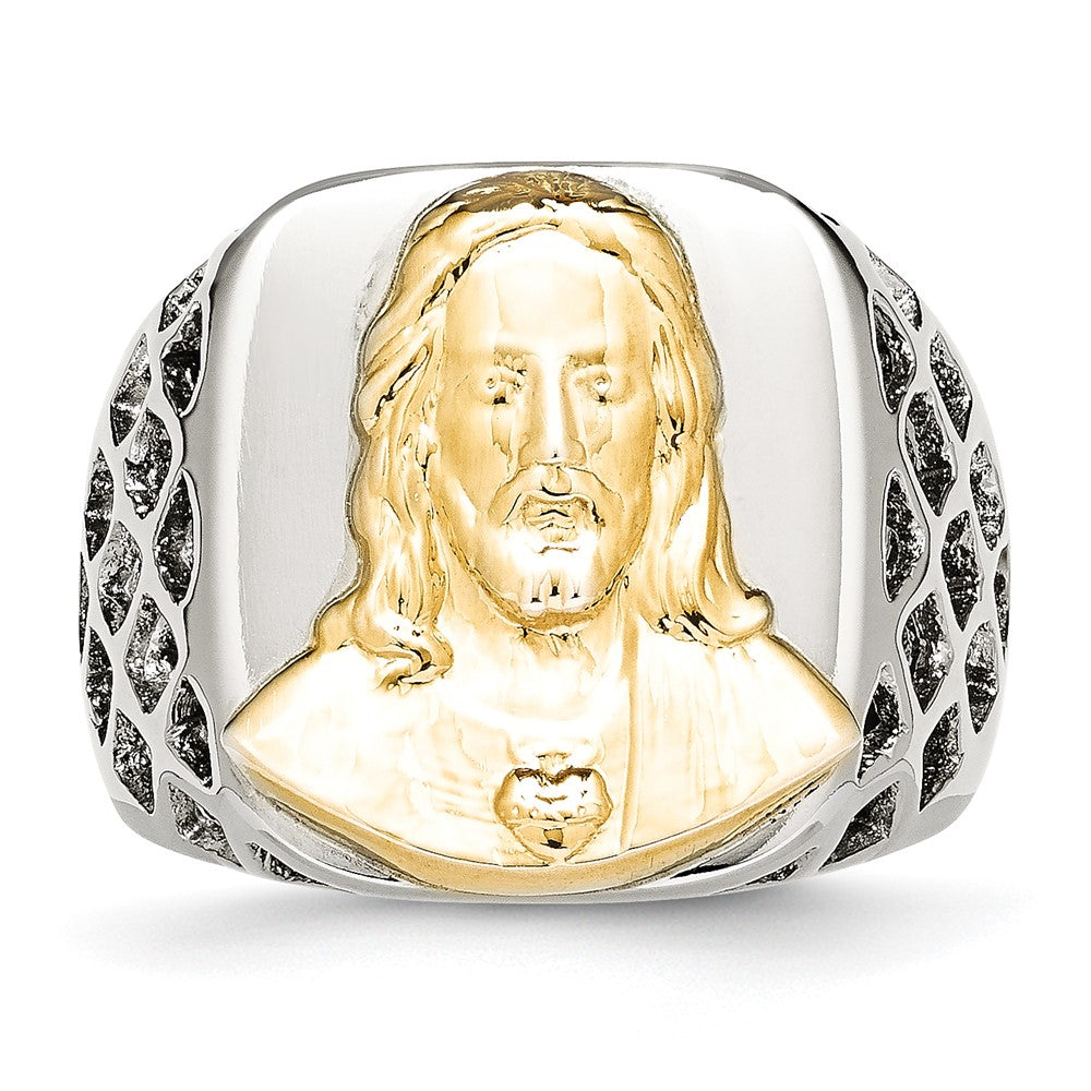 Chisel Stainless Steel with Sterling Silver Jesus Yellow IP-plated Polished Ring