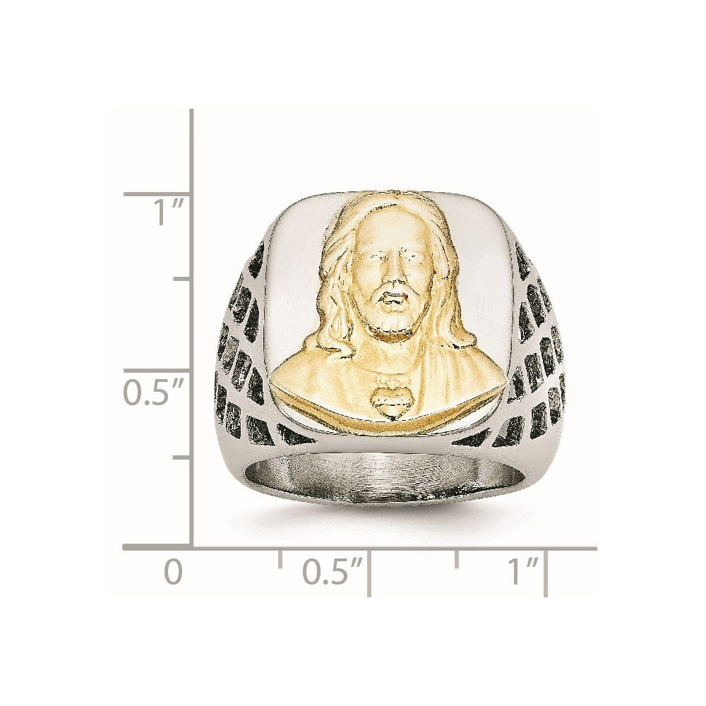 Chisel Stainless Steel with Sterling Silver Jesus Yellow IP-plated Polished Ring
