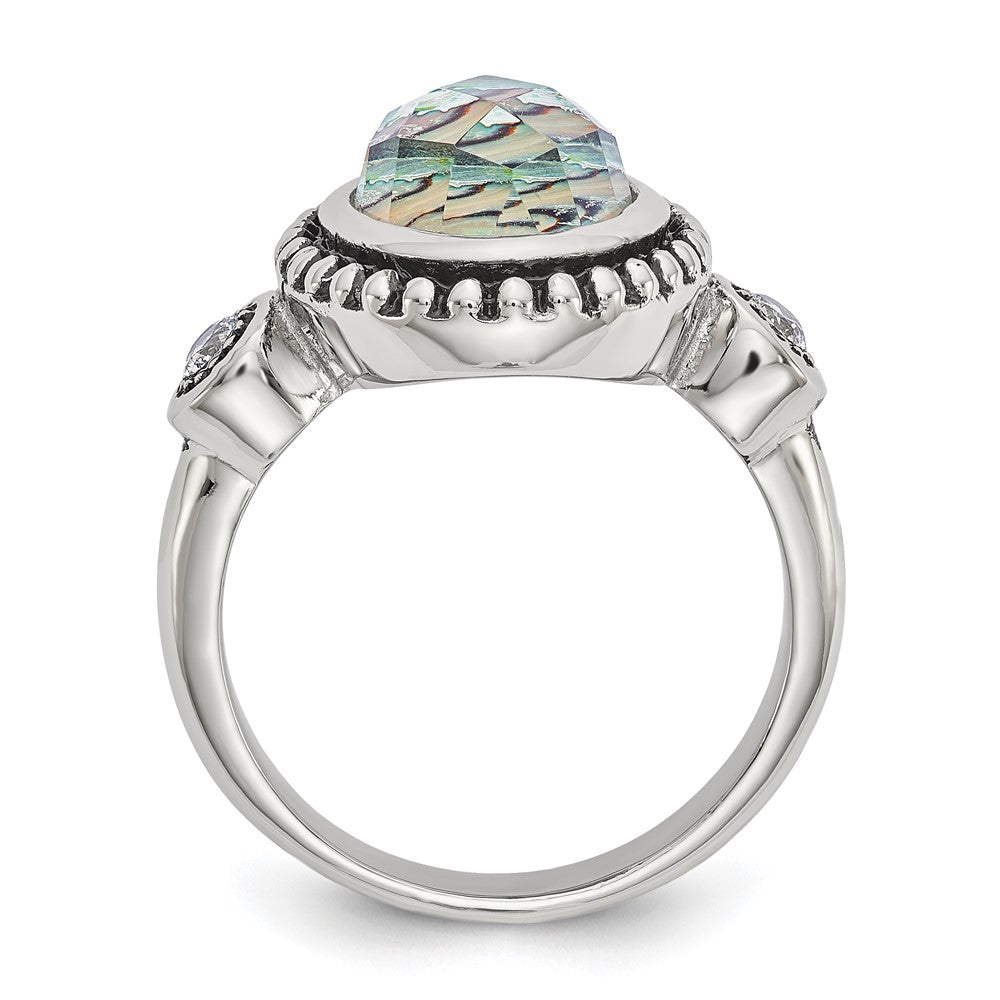 Chisel Stainless Steel Antiqued and Polished Imitation Abalone and CZ Ring