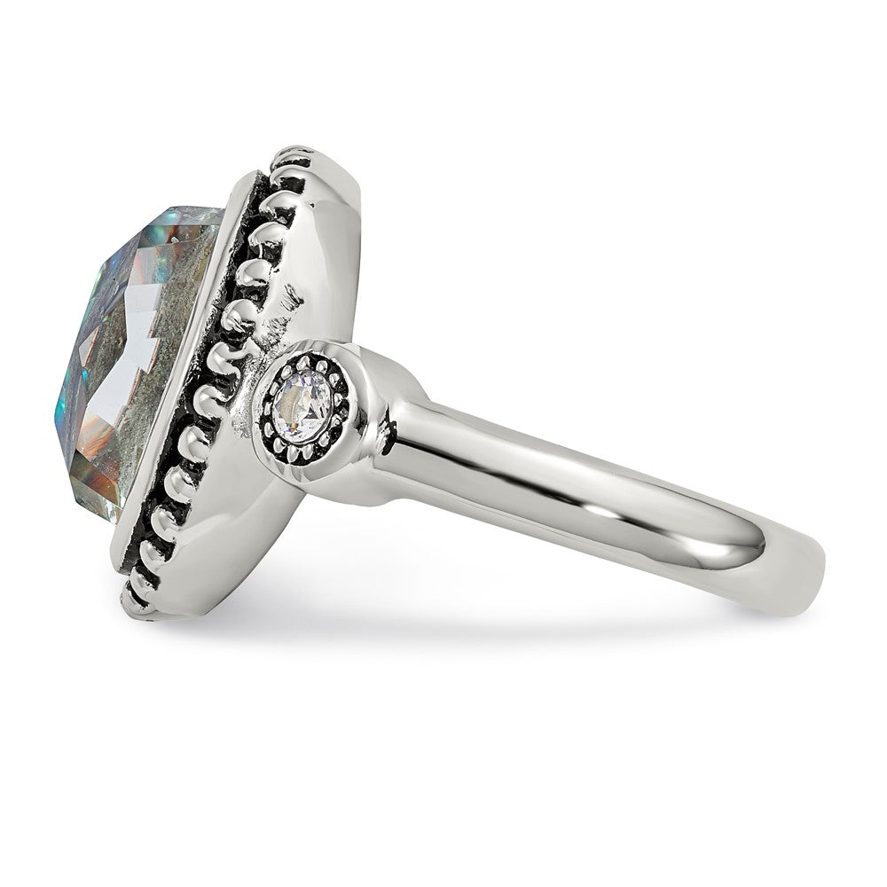 Chisel Stainless Steel Antiqued and Polished Imitation Abalone and CZ Ring