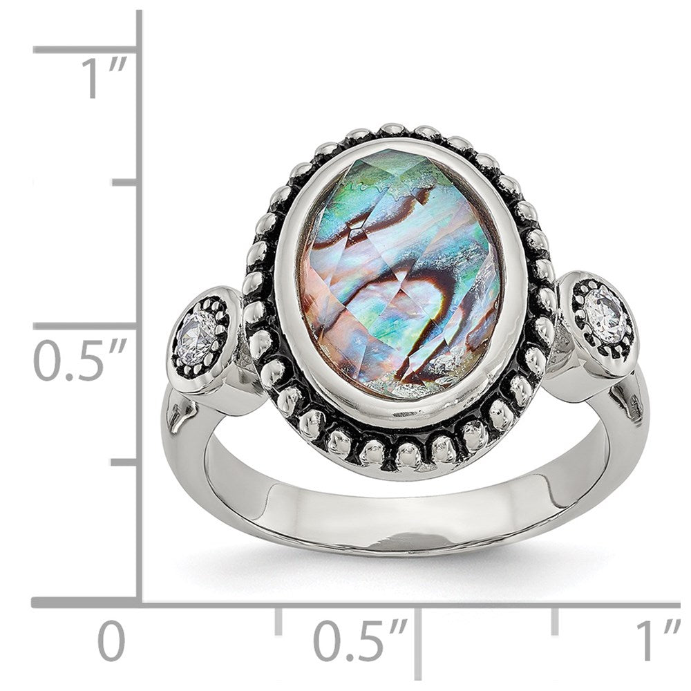 Chisel Stainless Steel Antiqued and Polished Imitation Abalone and CZ Ring