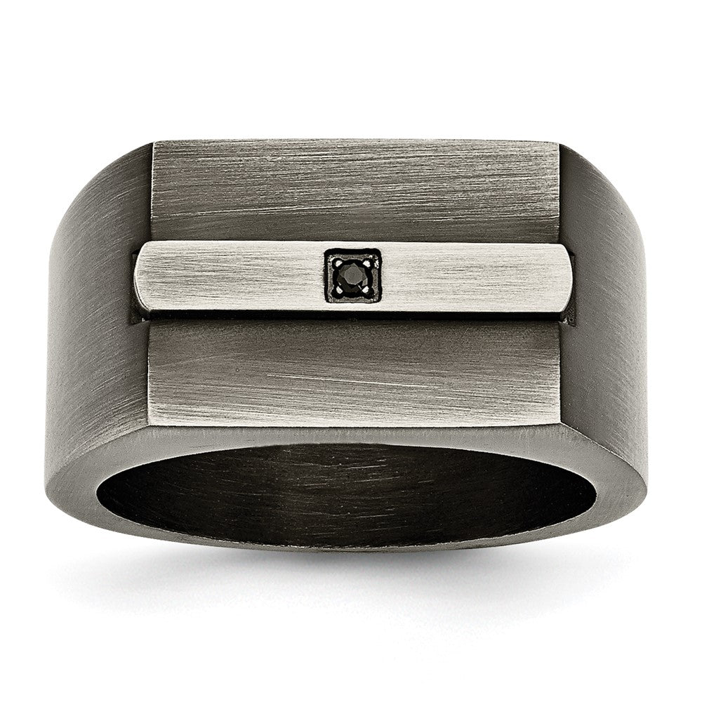 Chisel Stainless Steel Antiqued and Brushed with Black CZ Signet Ring